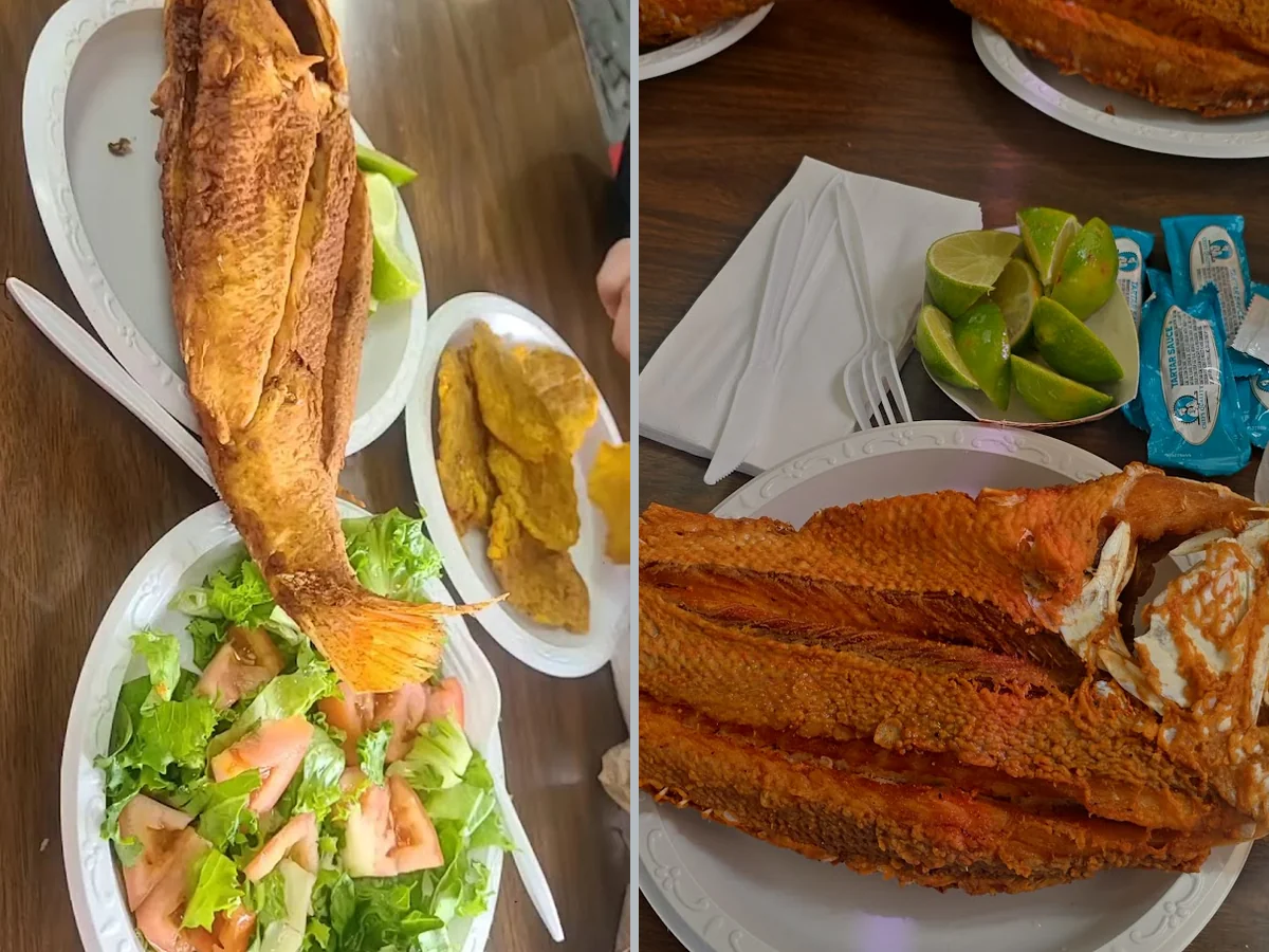 Seafood dishes with rice and sides.