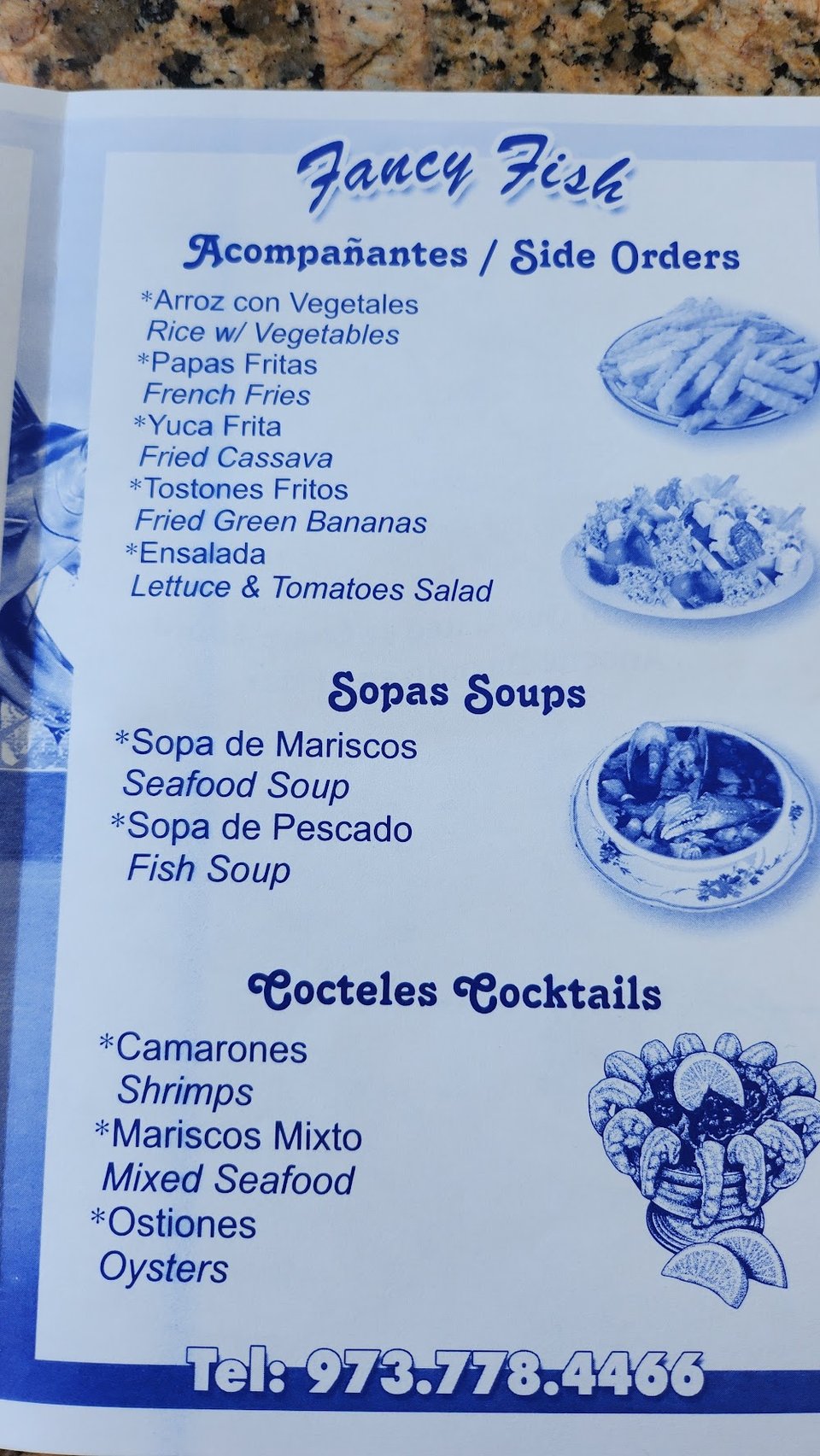 Seafood menu listing soups and sides.