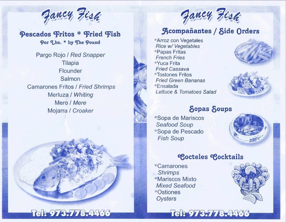 Spanish and English seafood menu layout.