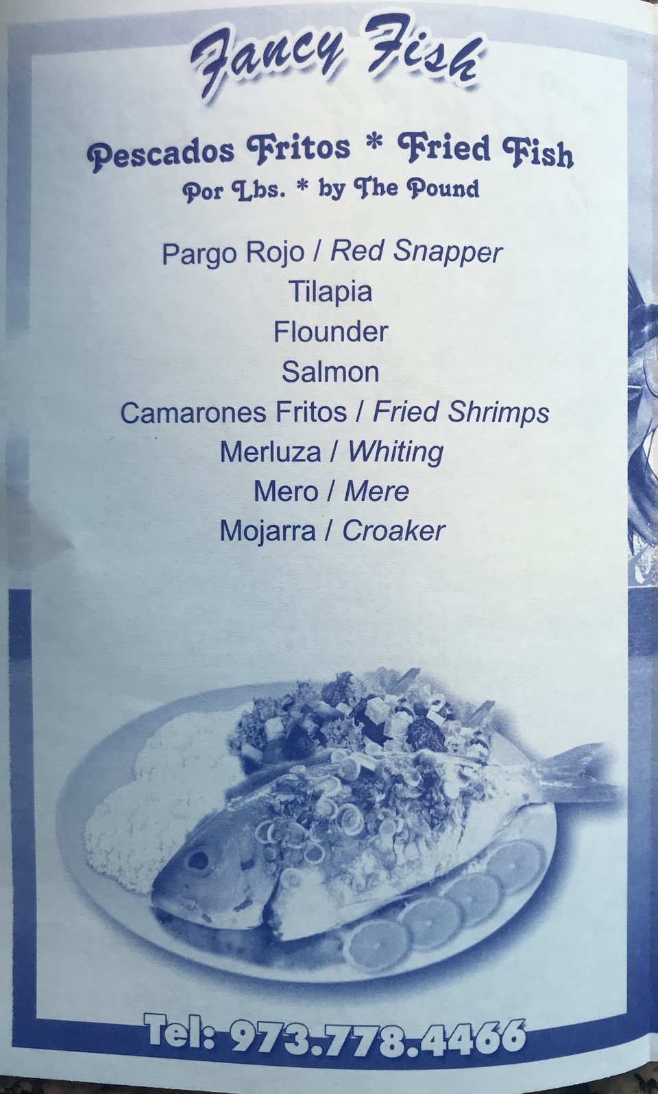 Printed menu with fried fish sections.